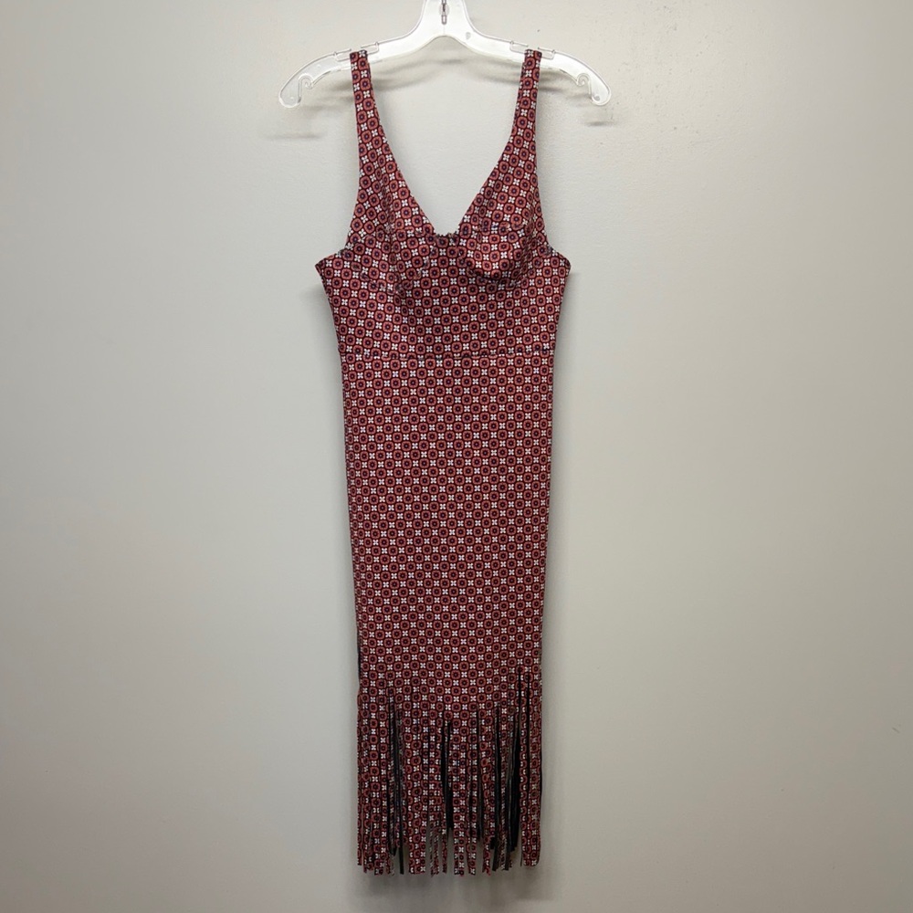 Clover Canyon Red Geometric Fringe Midi Dress